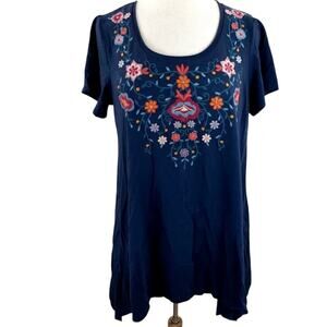 Terre Bleue Blue Embroidered Sharkbite Hem Scoop Neck Tunic Top Women’s Size XL